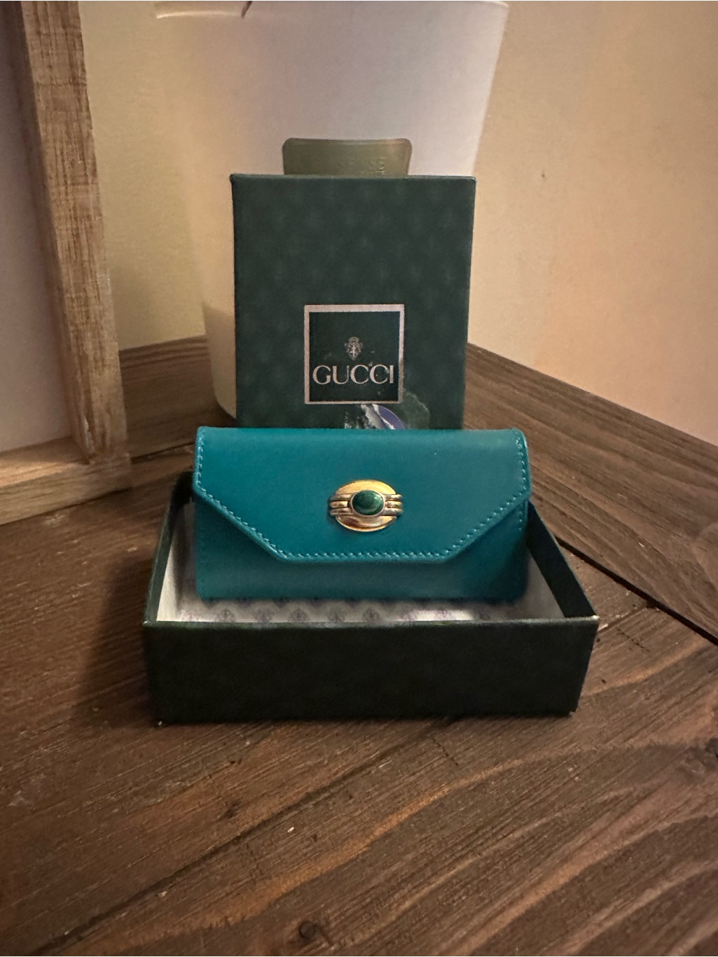 Gucci Teal Leather Key Ring With Gold-Tone Clasp